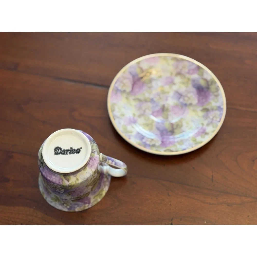 Darice Porcelain Purple Violets Chintz Teacup and Saucer Set Gold Trim 2013-F